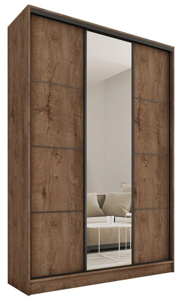 Šatní skříň HARAZIA MAX 150 se zrcadlem, 4 šuplíky a 2 šatními tyčemi, výška 235 cm, dub lefkas