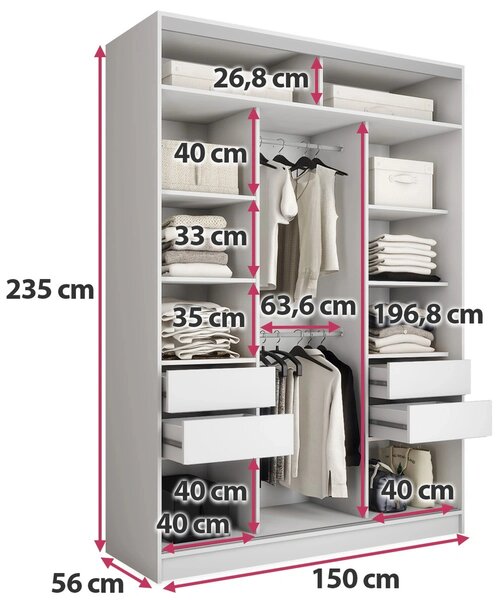 Šatní skříň LITOLARIS MAX 150 se zrcadlem, 4 šuplíky a 2 šatními tyčemi, výška 235 cm, bílý mat