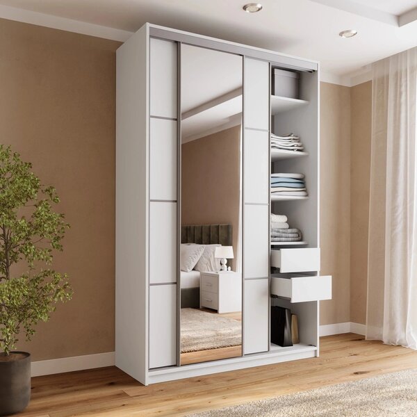 Šatní skříň LITOLARIS MAX 150 se zrcadlem, 4 šuplíky a 2 šatními tyčemi, výška 235 cm, bílý mat
