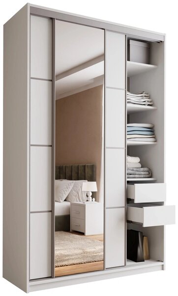 Šatní skříň LITOLARIS MAX 150 se zrcadlem, 4 šuplíky a 2 šatními tyčemi, výška 235 cm, bílý mat