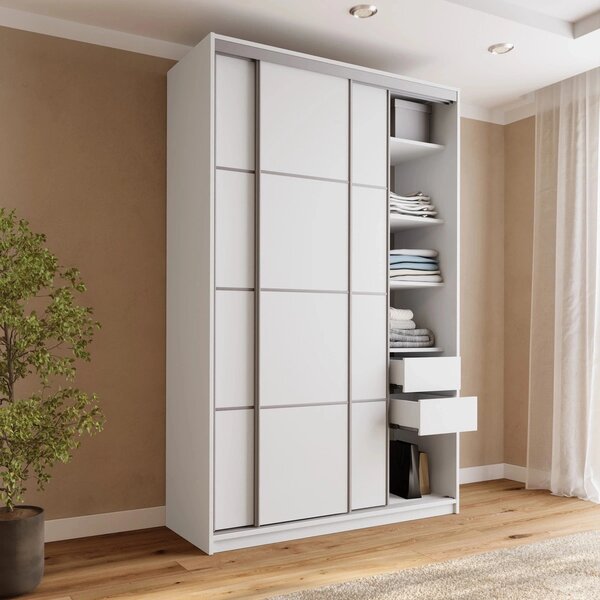 Šatní skříň LITOLARIS MAX 150 bez zrcadla, se 4 šuplíky a 2 šatními tyčemi, výška 235 cm, bílý mat
