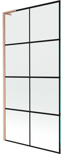 Mexen Next L, 1-křídlová vanová zástěna 90 x 150 cm, 6mm čiré sklo-černý vzor, ​​měděný profil, 895-090-000-03-77-65