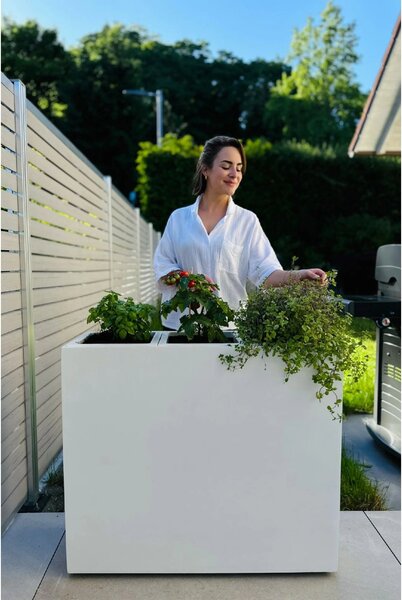 Květináč ELEMENTO, sklolaminát, šířka 88 cm, bílý mat, na kolečkách