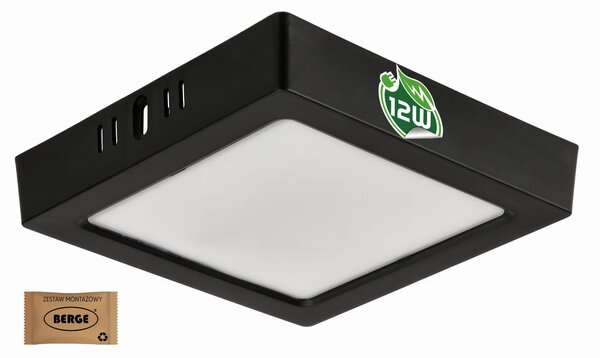BERGE Čtvercový LED panel přisazený - černý - 12W - PC - neutrální bílá