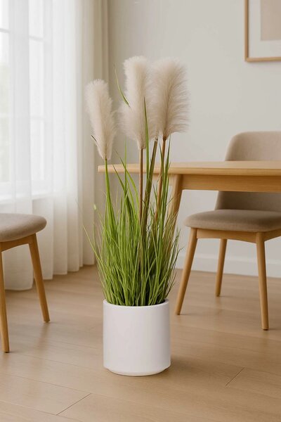 Umělá tráva v krémovém květináči SECCA, plast, výška 120 cm, zelená