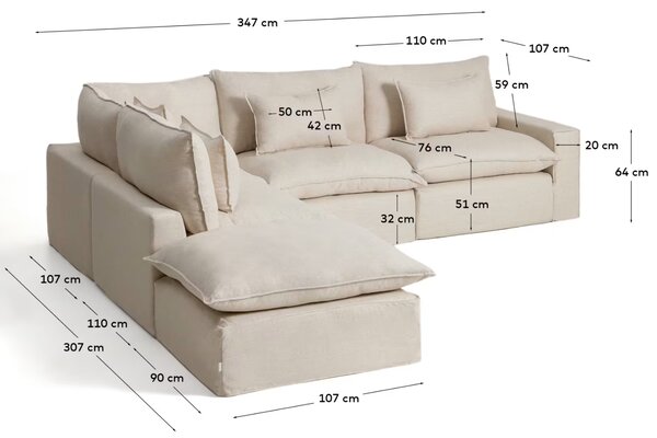 Kave Home Béžová rohová pohovka Anarela 347 cm s odnímatelným potahem, levá