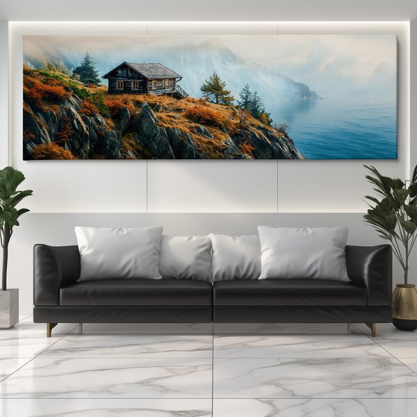 Obraz na plátně - Skalní chatka na mlžném pobřeží FeelHappy.cz Velikost obrazu (šířka x výška): 120 x 40 cm