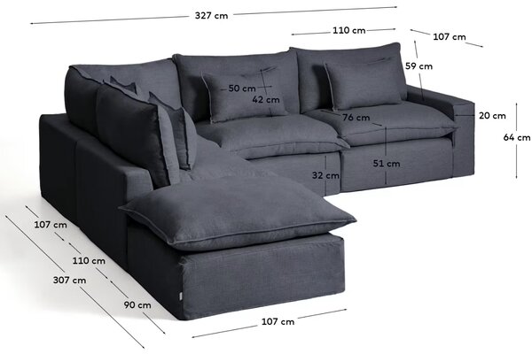 Kave Home Tmavě šedá rohová pohovka Anarela 347 cm s odnímatelným potahem, levá