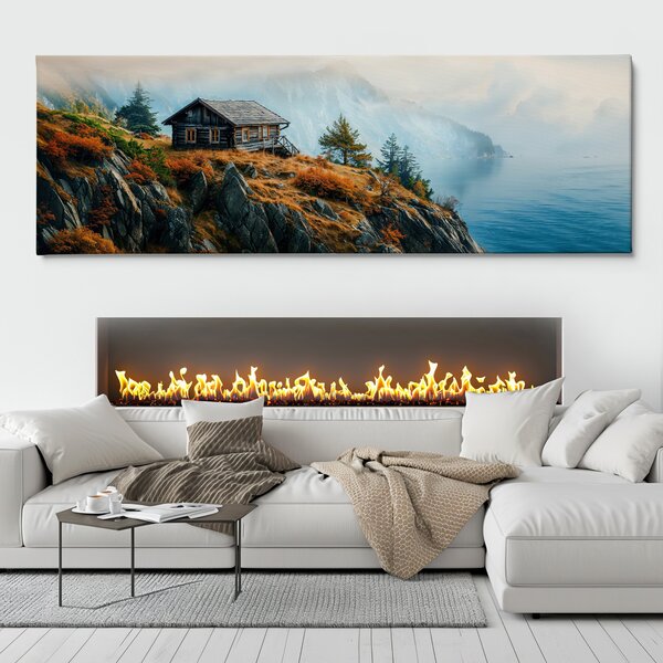 Obraz na plátně - Skalní chatka na mlžném pobřeží FeelHappy.cz Velikost obrazu (šířka x výška): 120 x 40 cm