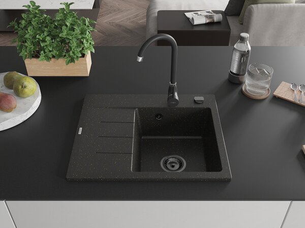 Mexen Ben, 1-komorový granitový dřez 600x500x190 mm, pravý + černý sifon, černá-zlatá metalíza, 6523605000-75-B