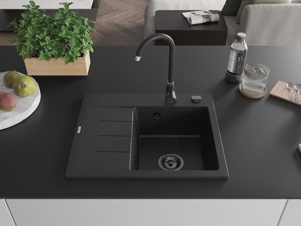 Mexen Ben, 1-komorový granitový dřez 600x500x190 mm, pravý + černý sifon, černá-stříbrná metalíza, 6523605000-73-B