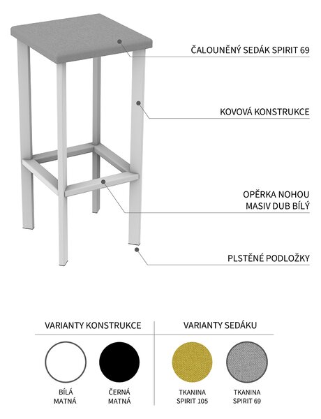 Barová židle čalouněná A11, bílá VYBERTE BARVU ČALOUNĚNÍ:: Spirit 105, ZVOLTE VÝŠKU ŽIDLE:: 65 cm