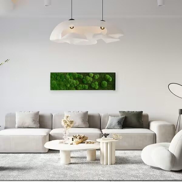 Mechový obraz přechodu kopečkového a lesního mechu 140X40, Dřevěný rám (bílý)