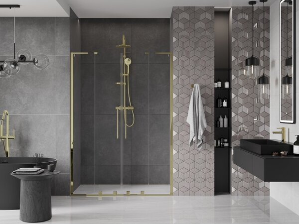 Mexen Velar L Duo, posuvné sprchové dveře do otvoru 150 cm, 8mm čiré sklo, zlatá lesklá, 871-150-003-02-50