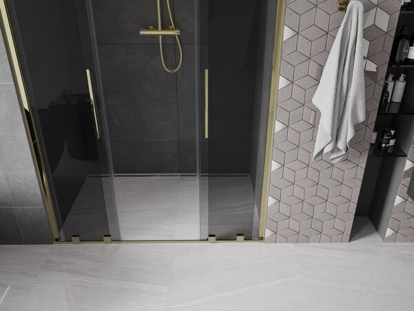 Mexen Velar L Duo, posuvné sprchové dveře do otvoru 140 cm, 8mm šedé sklo, zlatá lesklá, 871-140-003-42-50