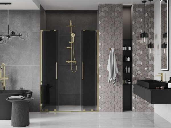 Mexen Velar L Duo, posuvné sprchové dveře do otvoru 140 cm, 8mm šedé sklo, zlatá lesklá, 871-140-003-42-50