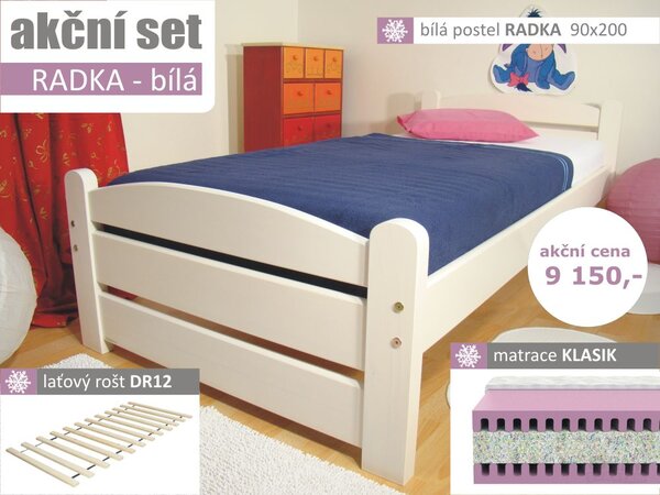 Akční set RADKA BÍLÁ jednolůžko + rošt + matrace (akční set RADKA- bílá postel z masivu sleva)