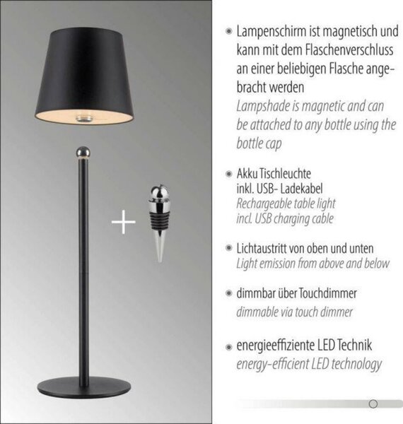 JUST LIGHT LED svítidlo na láhev černé na baterie dotykový stmívač USB IP54 stolní lampa 3000K LD 19251-18