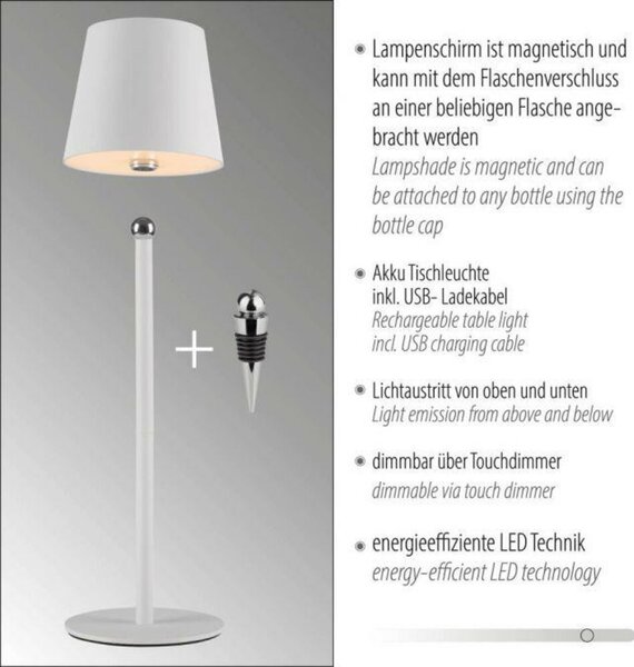 JUST LIGHT LED svítidlo na láhev bílé na baterie dotykový stmívač USB IP54 stolní lampa 3000K LD 19251-16