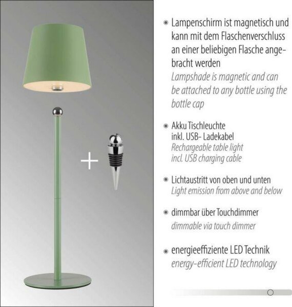 JUST LIGHT LED svítidlo na láhev zelená na baterie dotykový stmívač USB IP54 stolní lampa 3000K LD 19251-43