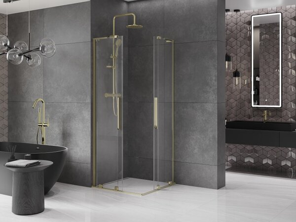 Mexen Velar L Duo, sprchový kout s posuvnými dveřmi 80 x 80 cm, 8mm čiré sklo, zlatá lesklá, 871-080-080-02-03-50