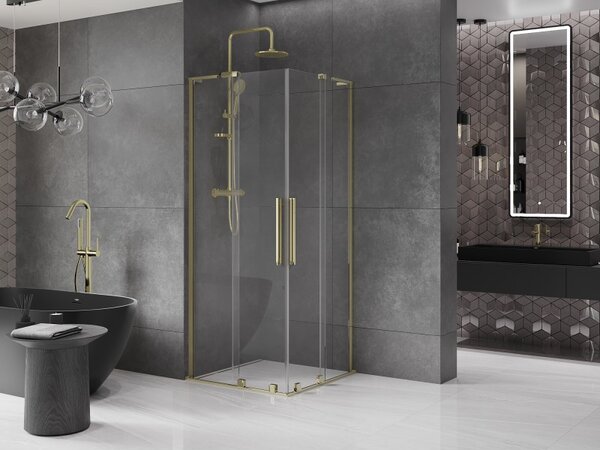 Mexen Velar L Duo, sprchový kout s posuvnými dveřmi 80 x 80 cm, 8mm čiré sklo, zlatá lesklá, 871-080-080-02-03-50
