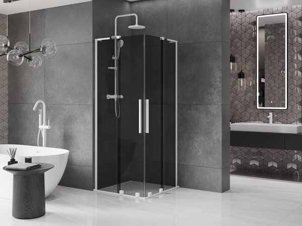 Mexen Velar L Duo, sprchový kout s posuvnými dveřmi 80 x 80 cm, 8mm šedé sklo, bílá matná, 871-080-080-02-43-20