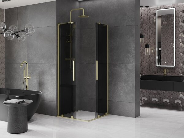 Mexen Velar L Duo, sprchový kout s posuvnými dveřmi 80 x 80 cm, 8mm šedé sklo, zlatá matná, 871-080-080-02-43-55