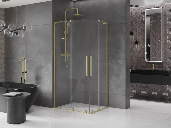 Mexen Velar L Duo, sprchový kout s posuvnými dveřmi 90 x 80 cm, 8mm čiré sklo, zlatá matná, 871-090-080-02-03-55