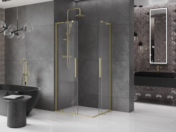 Mexen Velar L Duo, sprchový kout s posuvnými dveřmi 90 x 80 cm, 8mm čiré sklo, zlatá matná, 871-090-080-02-03-55
