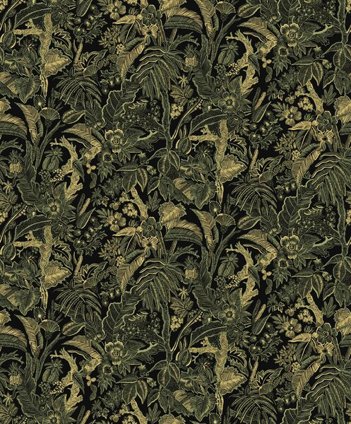 Černo-zeleno-zlatá vliesová tapeta s květinami a listy, SUM505, Summer, Khroma by Masureel