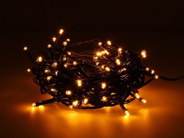TESLA lighting Tesla - dekorativní řetěz, AMBER, 100LED, 10m + 5m kabel, 230V, 8 funkcí, IP44, zelený