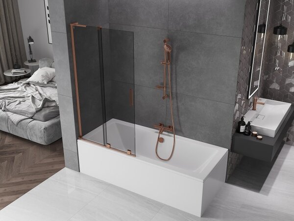 Mexen Velar L, 2-křídlová posuvná vanová zástěna 90 x 150 cm, 8mm šedé sklo, růžové zlato, 896-090-003-41-60