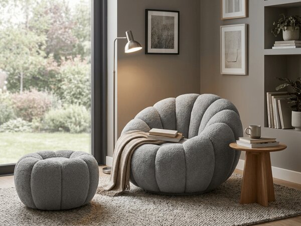 Designové křeslo BLOOM s taburetem, šedá