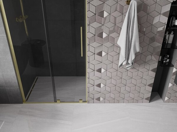Mexen Velar L, posuvné sprchové dveře do otvoru 90 cm, 8mm šedé sklo, zlatá matná, 871-090-003-41-55