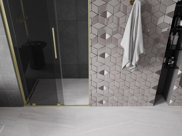 Mexen Velar L, posuvné sprchové dveře do otvoru 90 cm, 8mm šedé sklo, zlatá matná, 871-090-003-41-55