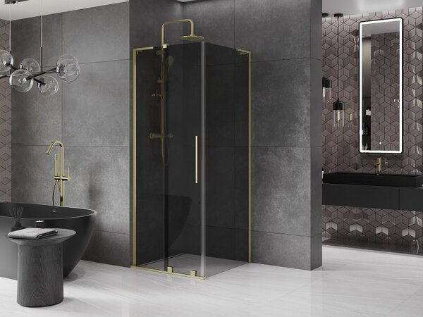Mexen Velar L, sprchový kout s posuvnými dveřmi 90 x 90 cm, 8mm šedé sklo, zlatá matná, 871-090-090-43-55