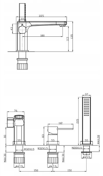 Invena Trend, 3-otvorová vanová baterie, černá matná, INV-BW-02-S04-V