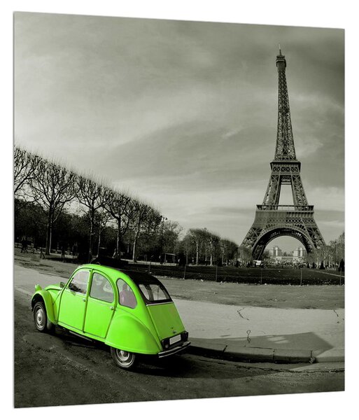 Obraz Eiffelovy věže a zeleného auta (30x30 cm)