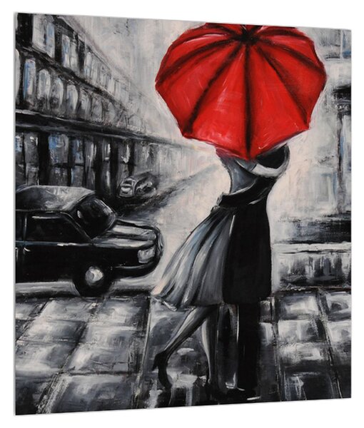 Obraz zamilovaného páru pod deštníkem (30x30 cm)