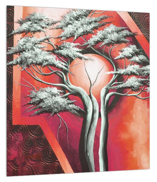 Orientální červený obraz stromu a slunce (30x30 cm)