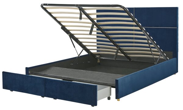 Sametová postel s úložným prostorem 160 x 200 cm modrá VERNOYES