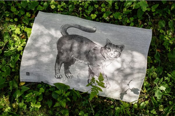 Lapuan Kankurit Lněná utěrka Kissa 46x70, šedo-černá