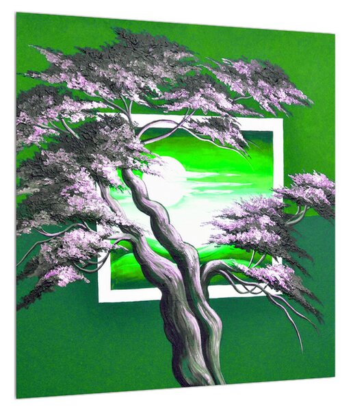 Zelený obraz stromu a východu slunce (40x40 cm)