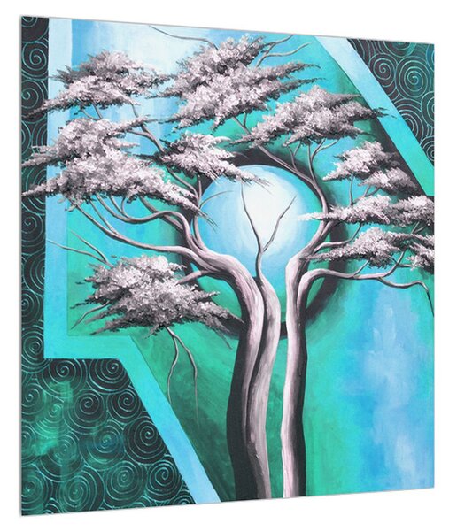 Orientální modrý obraz stromu a slunce (40x40 cm)