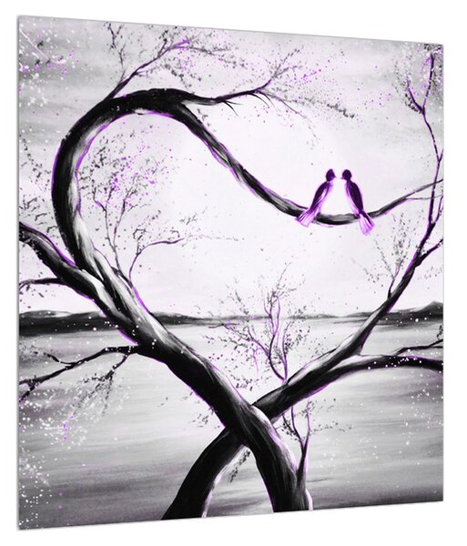 Obraz dvou fialových ptáků na stromě (40x40 cm)