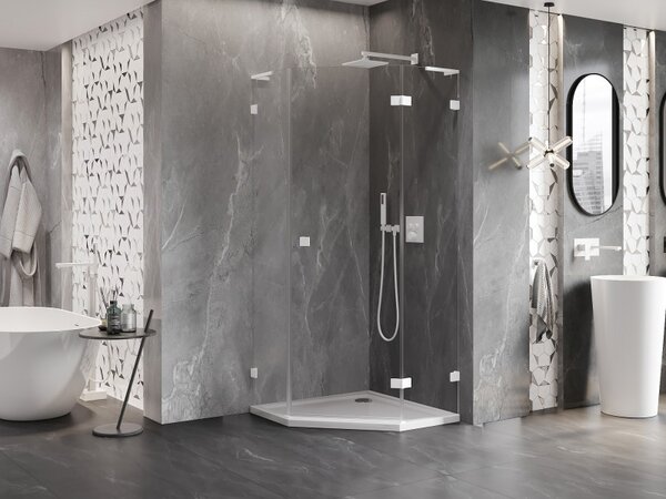 Mexen Lunar, L pravý výklopný pětiúhelníkový sprchový kout 80 x 80 cm, 8mm čiré sklo, bílý profil, 831L-080P-080L-20-00-P