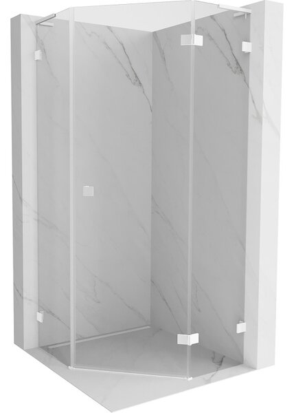 Mexen Lunar, L pravý výklopný pětiúhelníkový sprchový kout 80 x 80 cm, 8mm čiré sklo, bílý profil, 831L-080P-080L-20-00-P