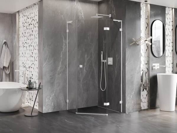 Mexen Lunar, L pravý výklopný pětiúhelníkový sprchový kout 80 x 80 cm, 8mm čiré sklo, bílý profil, 831L-080P-080L-20-00-P