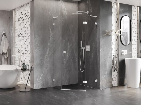 Mexen Lunar, L pravý výklopný pětiúhelníkový sprchový kout 80 x 80 cm, 8mm čiré sklo, bílý profil, 831L-080P-080L-20-00-P